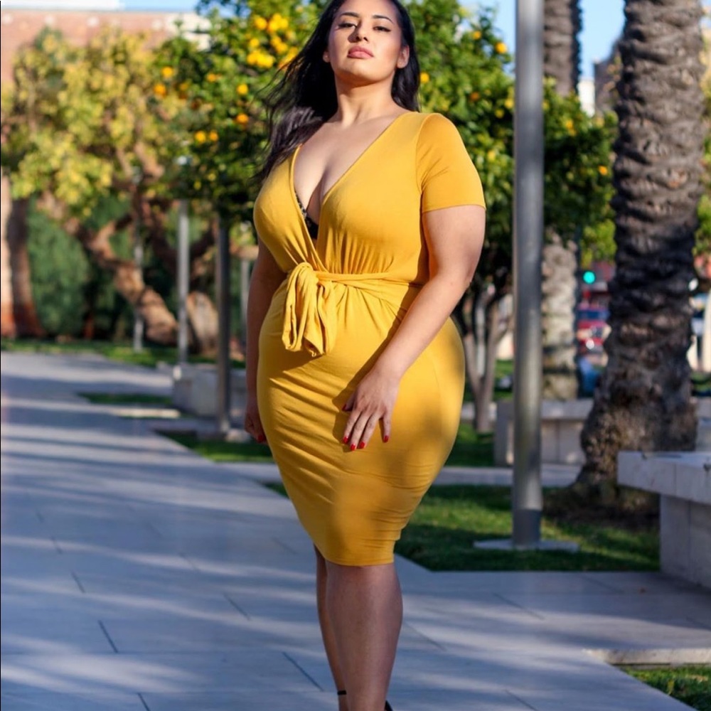 Plus-Size Front Tie Mini Dress - Mustard